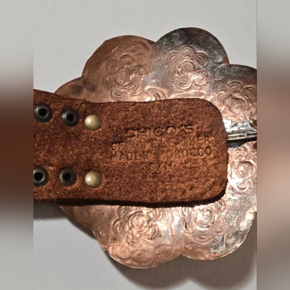 Vintage CHICOS camel Leather copper Silver Morraco Concho Belt Boho Adjustable - Picture 5 of 13